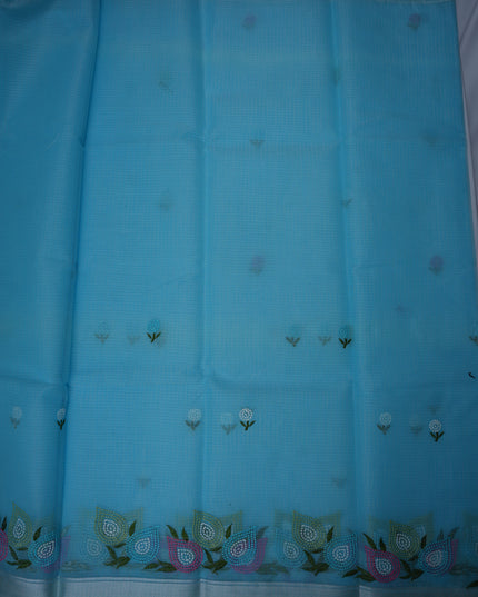 Silk Kota Embroidery Work Saree in Sky Blue Colour with Delicate Floral Embroidery Motifs, Multicolor Designer Embroidered Border and Elegant Woven Finish