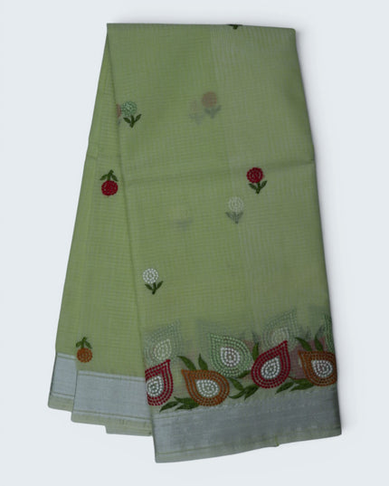 Silk Kota Embroidery Work Saree in Pista Green Colour with Delicate Floral Embroidery Motifs, Multicolor Designer Embroidered Border and Elegant Woven Finish