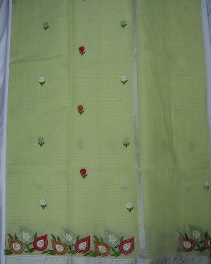 Silk Kota Embroidery Work Saree in Pista Green Colour with Delicate Floral Embroidery Motifs, Multicolor Designer Embroidered Border and Elegant Woven Finish