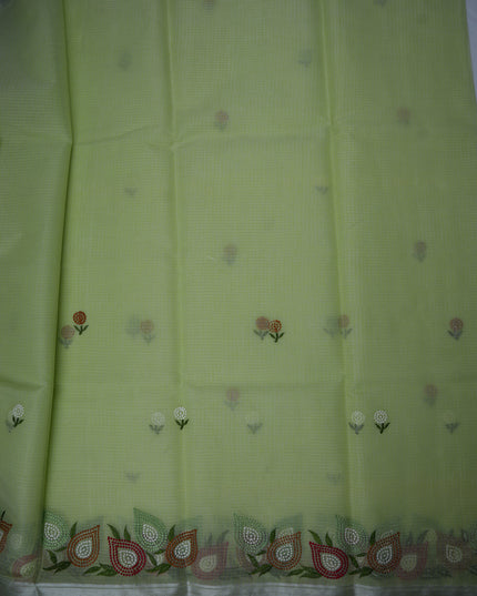 Silk Kota Embroidery Work Saree in Pista Green Colour with Delicate Floral Embroidery Motifs, Multicolor Designer Embroidered Border and Elegant Woven Finish