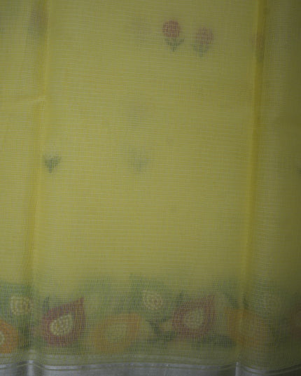 Silk Kota Embroidery Work Saree in Lemon Yellow Colour with Delicate Floral Embroidery Motifs, Multicolor Designer Embroidered Border and Elegant Woven Finish
