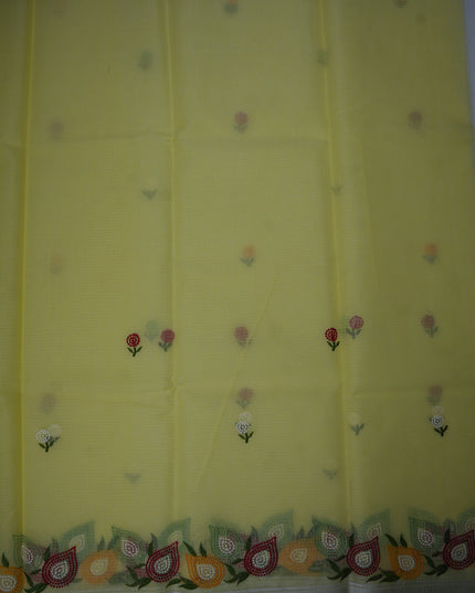 Silk Kota Embroidery Work Saree in Lemon Yellow Colour with Delicate Floral Embroidery Motifs, Multicolor Designer Embroidered Border and Elegant Woven Finish