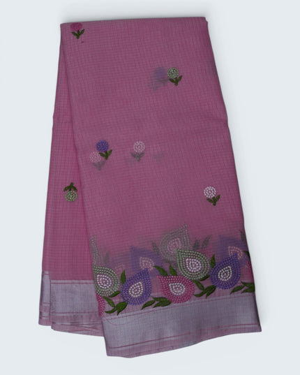 Silk Kota Embroidery Work Saree in Baby Pink Colour with Delicate Floral Embroidery Motifs, Multicolor Designer Embroidered Border and Elegant Woven Finish