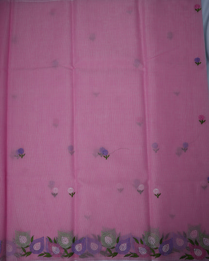 Silk Kota Embroidery Work Saree in Baby Pink Colour with Delicate Floral Embroidery Motifs, Multicolor Designer Embroidered Border and Elegant Woven Finish
