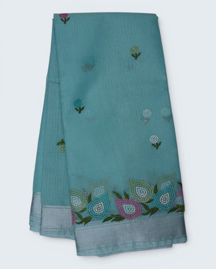 Silk Kota Embroidery Work Saree in Aqua Blue Colour with Delicate Floral Embroidery Motifs, Multicolor Designer Embroidered Border and Elegant Woven Finish