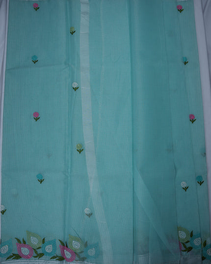 Silk Kota Embroidery Work Saree in Aqua Blue Colour with Delicate Floral Embroidery Motifs, Multicolor Designer Embroidered Border and Elegant Woven Finish
