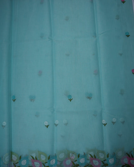 Silk Kota Embroidery Work Saree in Aqua Blue Colour with Delicate Floral Embroidery Motifs, Multicolor Designer Embroidered Border and Elegant Woven Finish