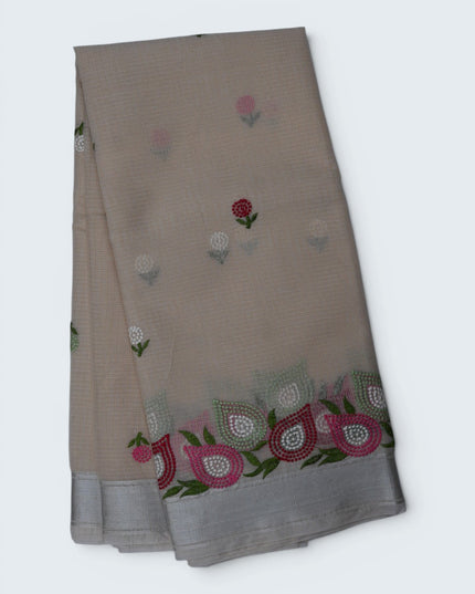 Silk Kota Embroidery Work Saree in Beige Colour with Delicate Floral Embroidery Motifs, Multicolor Designer Embroidered Border and Elegant Woven Finish