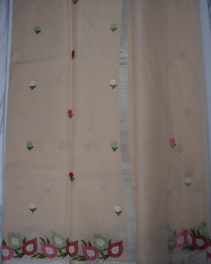 Silk Kota Embroidery Work Saree in Beige Colour with Delicate Floral Embroidery Motifs, Multicolor Designer Embroidered Border and Elegant Woven Finish