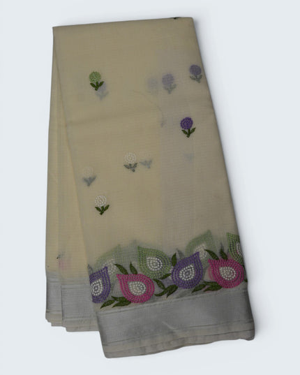 Silk Kota Embroidery Work Saree in Beige Colour with Delicate Floral Embroidery Motifs and Multicolor Designer Embroidered Border