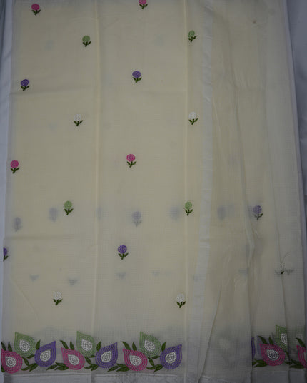 Silk Kota Embroidery Work Saree in Beige Colour with Delicate Floral Embroidery Motifs and Multicolor Designer Embroidered Border