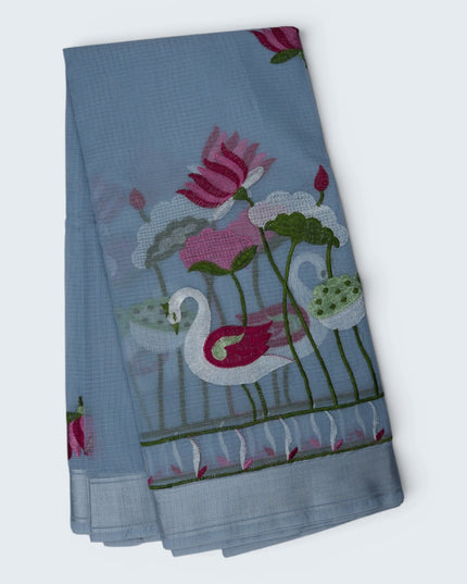 Silk Kota Embroidery Work Saree in Sky Blue Colour with Swan and Lotus Embroidery Design and Elegant Embroidered Border