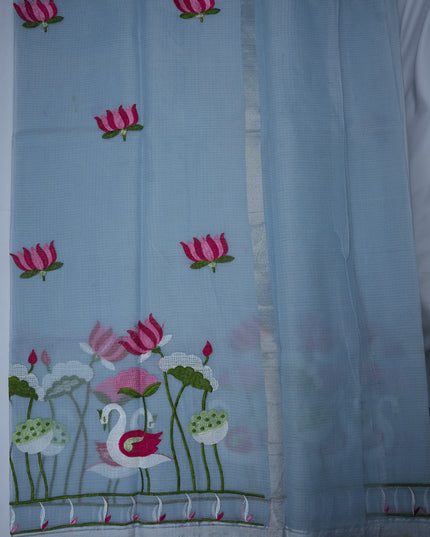 Silk Kota Embroidery Work Saree in Sky Blue Colour with Swan and Lotus Embroidery Design and Elegant Embroidered Border
