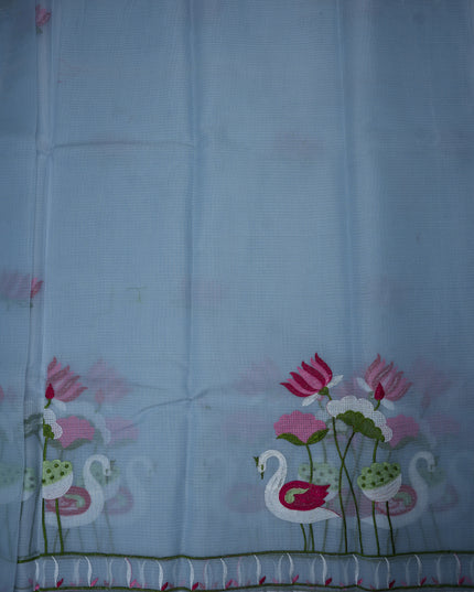 Silk Kota Embroidery Work Saree in Sky Blue Colour with Swan and Lotus Embroidery Design and Elegant Embroidered Border