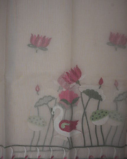 Silk Kota Embroidery Work Saree in Beige Colour with Swan and Lotus Embroidery Design and Elegant Embroidered Border