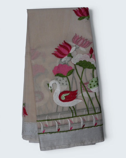 Silk Kota Embroidery Work Saree in Beige Colour with Swan and Lotus Embroidery Design and Elegant Embroidered Border