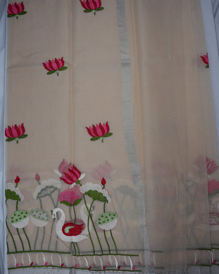 Silk Kota Embroidery Work Saree in Beige Colour with Swan and Lotus Embroidery Design and Elegant Embroidered Border