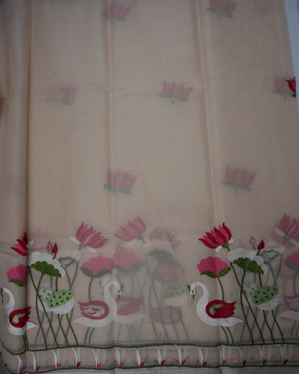Silk Kota Embroidery Work Saree in Beige Colour with Swan and Lotus Embroidery Design and Elegant Embroidered Border