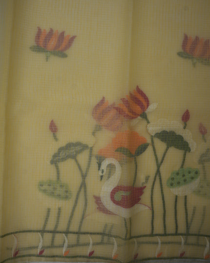 Silk Kota Embroidery Work Saree in Mustard Yellow Colour with Swan and Lotus Embroidery Design and Elegant Embroidered Border