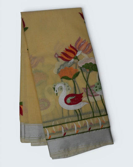 Silk Kota Embroidery Work Saree in Mustard Yellow Colour with Swan and Lotus Embroidery Design and Elegant Embroidered Border