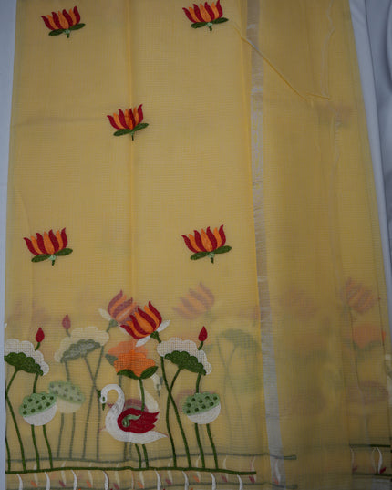 Silk Kota Embroidery Work Saree in Mustard Yellow Colour with Swan and Lotus Embroidery Design and Elegant Embroidered Border