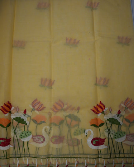 Silk Kota Embroidery Work Saree in Mustard Yellow Colour with Swan and Lotus Embroidery Design and Elegant Embroidered Border