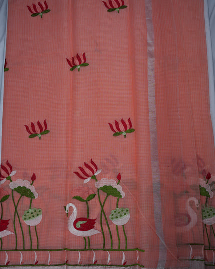 Silk Kota Embroidery Work Saree in Peach Pink Colour with Swan and Lotus Embroidery Design and Elegant Embroidered Border