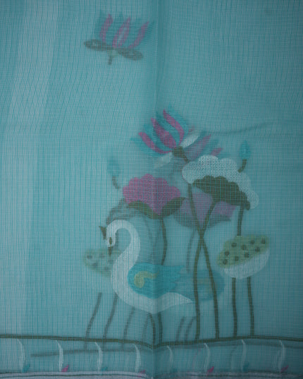 Silk Kota Embroidery Work Saree in Aqua Blue Colour with Swan and Lotus Embroidery Design and Elegant Embroidered Border