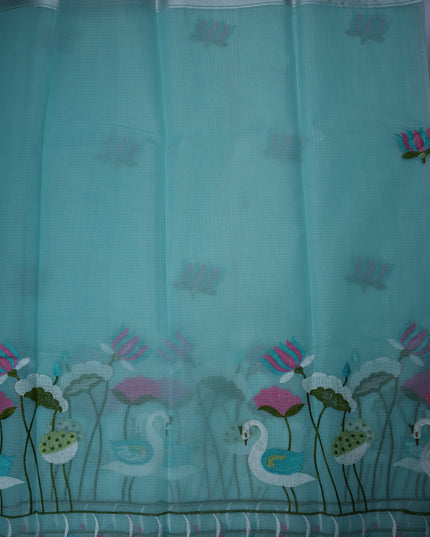 Silk Kota Embroidery Work Saree in Aqua Blue Colour with Swan and Lotus Embroidery Design and Elegant Embroidered Border