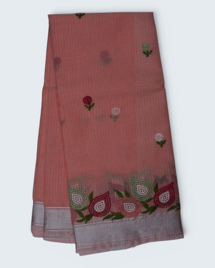 Silk Kota Embroidery Work Saree in Peach Pink Colour with Delicate Floral Embroidery Motifs and Multicolor Designer Embroidered Border