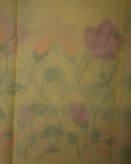 Silk Kota Embroidery Work Saree in Mustard Yellow Colour with All-Over Floral Embroidery Design and Elegant Woven Border