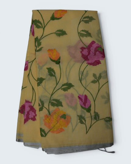 Silk Kota Embroidery Work Saree in Mustard Yellow Colour with All-Over Floral Embroidery Design and Elegant Woven Border