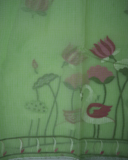 Silk Kota Embroidery Work Saree in Pista Green Colour with Swan and Lotus Embroidery Design and Elegant Embroidered Border