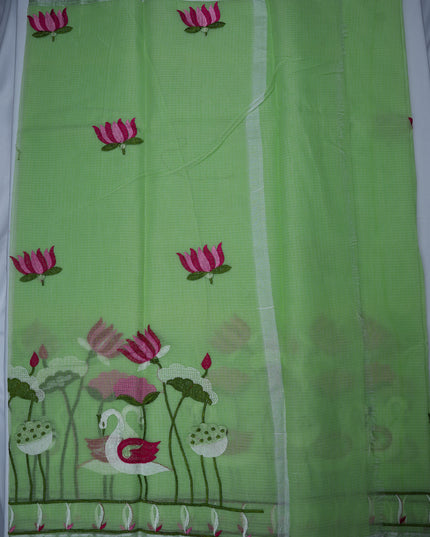 Silk Kota Embroidery Work Saree in Pista Green Colour with Swan and Lotus Embroidery Design and Elegant Embroidered Border