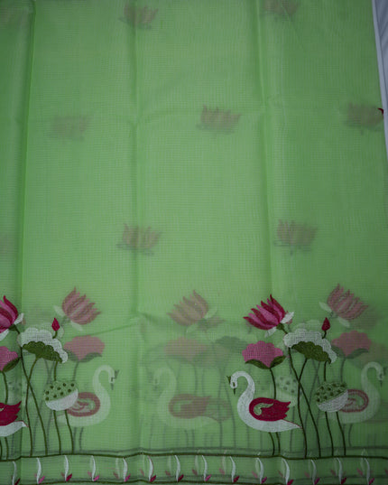 Silk Kota Embroidery Work Saree in Pista Green Colour with Swan and Lotus Embroidery Design and Elegant Embroidered Border