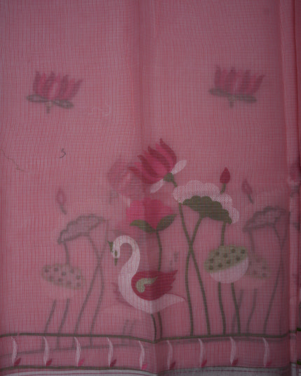 Silk Kota Embroidery Work Saree in Rose Pink Colour with Swan and Lotus Embroidery Design and Elegant Embroidered Border