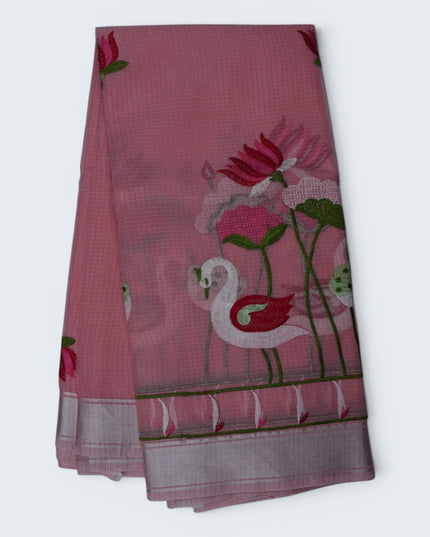 Silk Kota Embroidery Work Saree in Rose Pink Colour with Swan and Lotus Embroidery Design and Elegant Embroidered Border