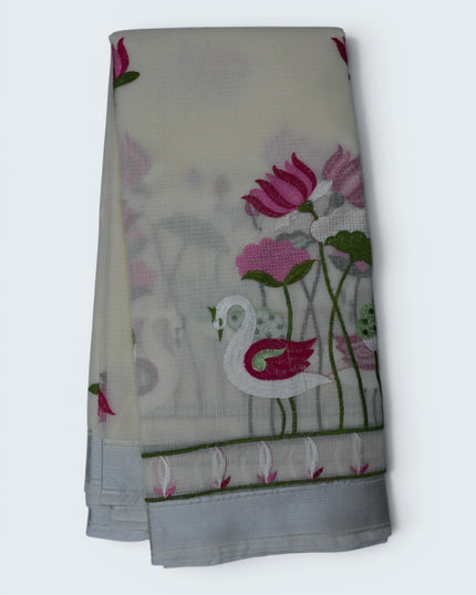 Silk Kota Embroidery Work Saree in Ivory White Colour with Swan and Lotus Embroidery Design and Elegant Embroidered Border