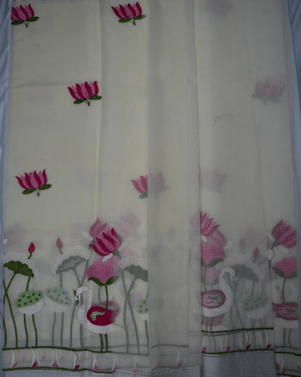 Silk Kota Embroidery Work Saree in Ivory White Colour with Swan and Lotus Embroidery Design and Elegant Embroidered Border