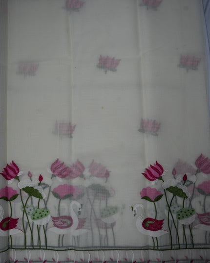 Silk Kota Embroidery Work Saree in Ivory White Colour with Swan and Lotus Embroidery Design and Elegant Embroidered Border