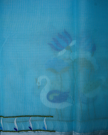 Silk Kota Embroidery Work Saree in Sky Blue Colour with Swan and Lotus Embroidery Design and Elegant Embroidered Border