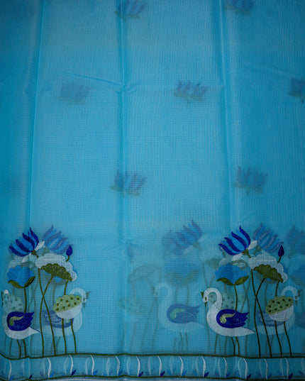 Silk Kota Embroidery Work Saree in Sky Blue Colour with Swan and Lotus Embroidery Design and Elegant Embroidered Border