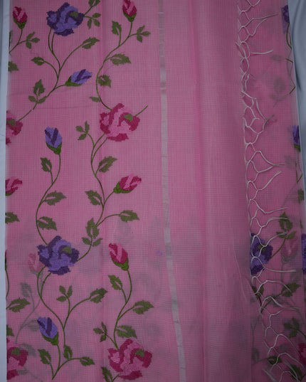 Silk Kota Embroidery Work Saree in Rose Pink Colour with All-Over Floral Vine Embroidery Design and Elegant Woven Border