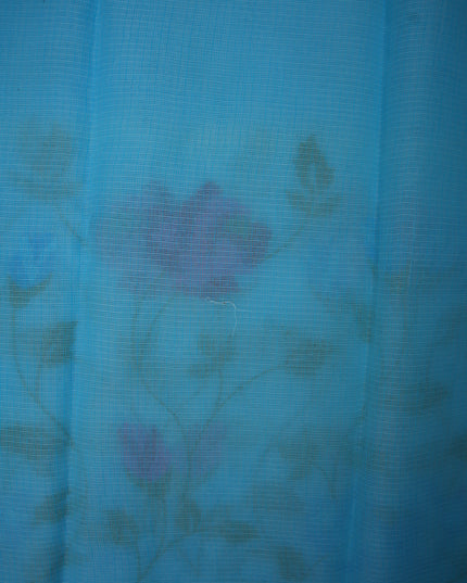Silk Kota Embroidery Work Saree in Aqua Blue Colour with All-Over Floral Vine Embroidery Design and Elegant Woven Border