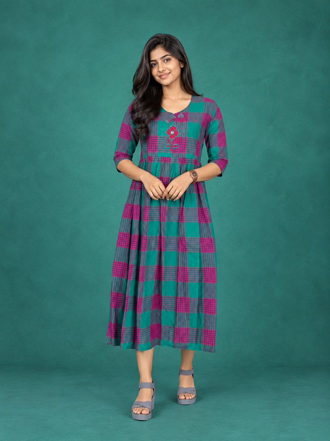 Premium Cotton Checked Frock with Embroidered Floral Design | Elegant A-Line Flared Dress