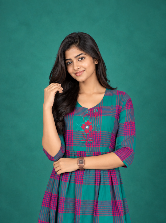 Premium Cotton Checked Frock with Embroidered Floral Design | Elegant A-Line Flared Dress