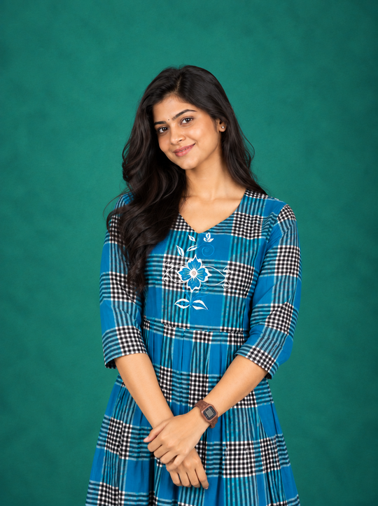 Premium Cotton Checked Frock in Blue | Embroidered Floral Design | Elegant A-Line Flared Dress