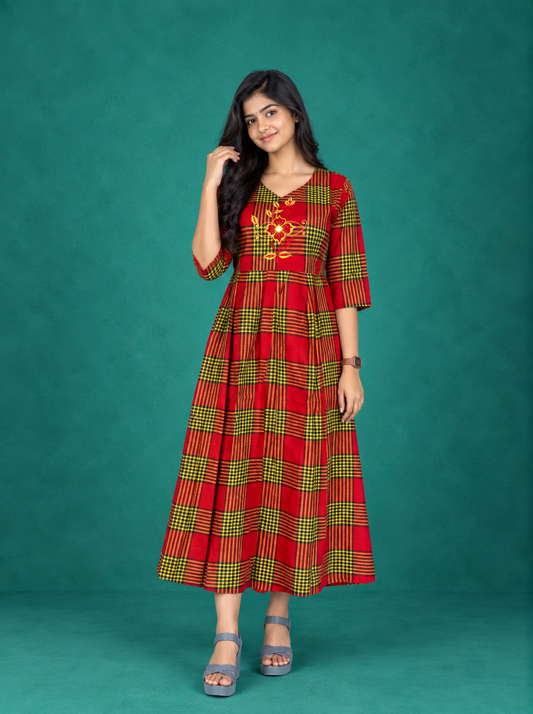 Premium Cotton Checked Frock in Red | Embroidered Floral Design | Elegant A-Line Flared Dress