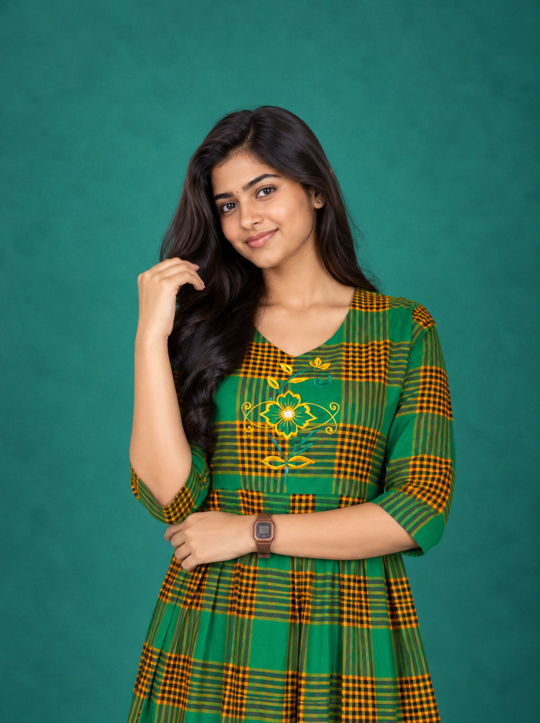 Premium Cotton Checked Frock in Green with Embroidered Floral Design | Elegant A-Line Flared Dress