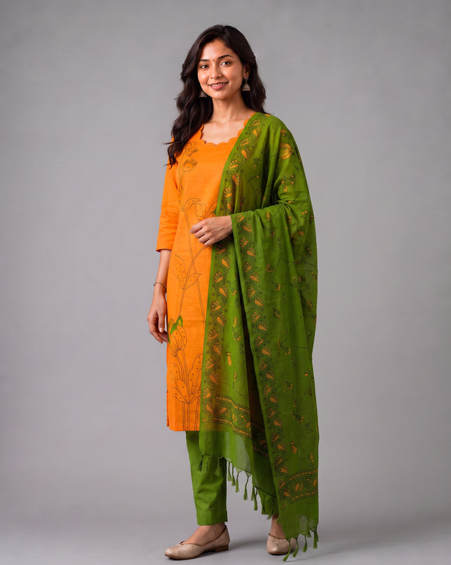 Premium Orange Cotton 3PC Kurti Set with Classic Floral Design, Mirror Finishing | Knots Bottom, Olive Green Printed Dupatta | Ready to Wear